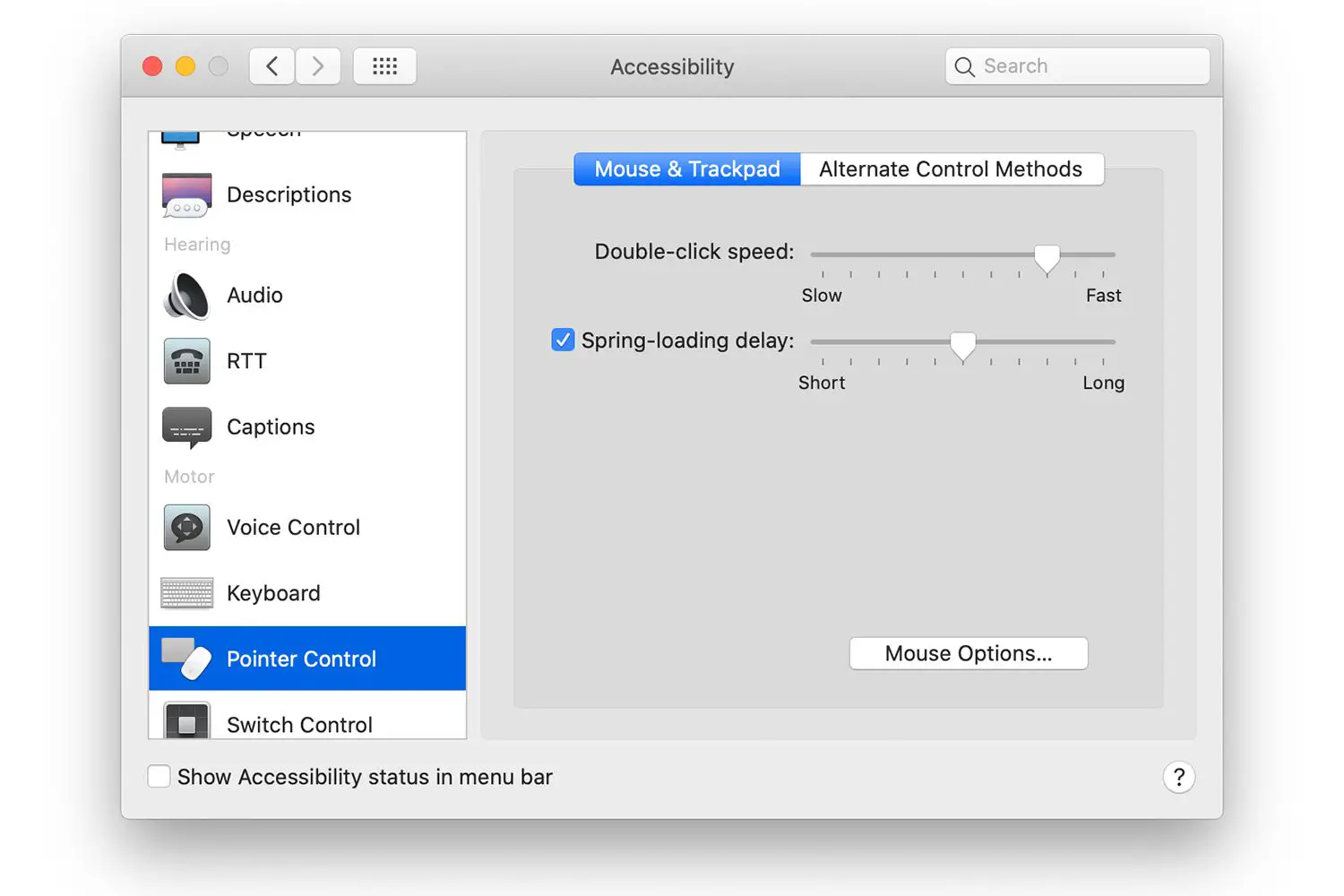 Controle de ponteiro nas preferências do sistema Mac