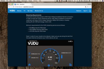 Captura de tela da velocidade de download do Vudu e teste de velocidade de upload