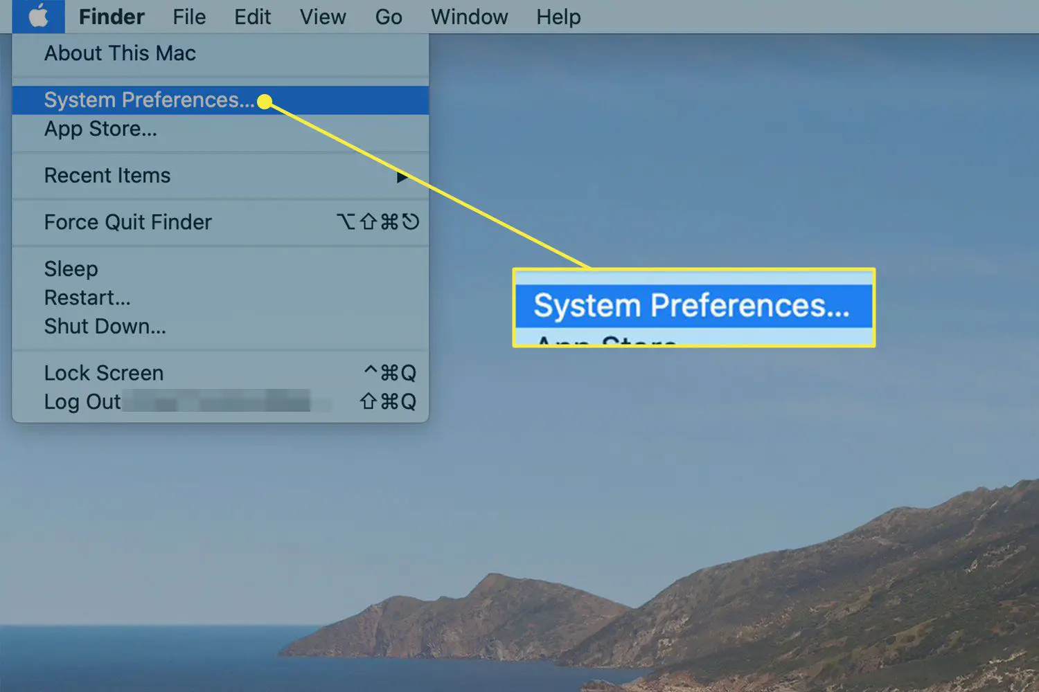 O Menu Apple em um Mac com o comando Preferências do Sistema destacado