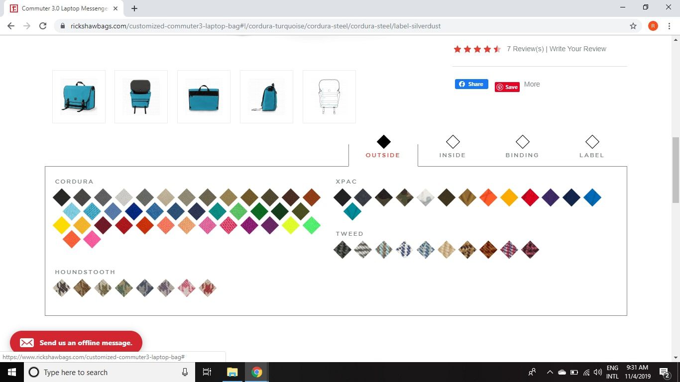 Os clientes podem selecionar cores e tecidos para a bolsa mensageiro para laptop Commuter 3.0 na Rickshaw Bags