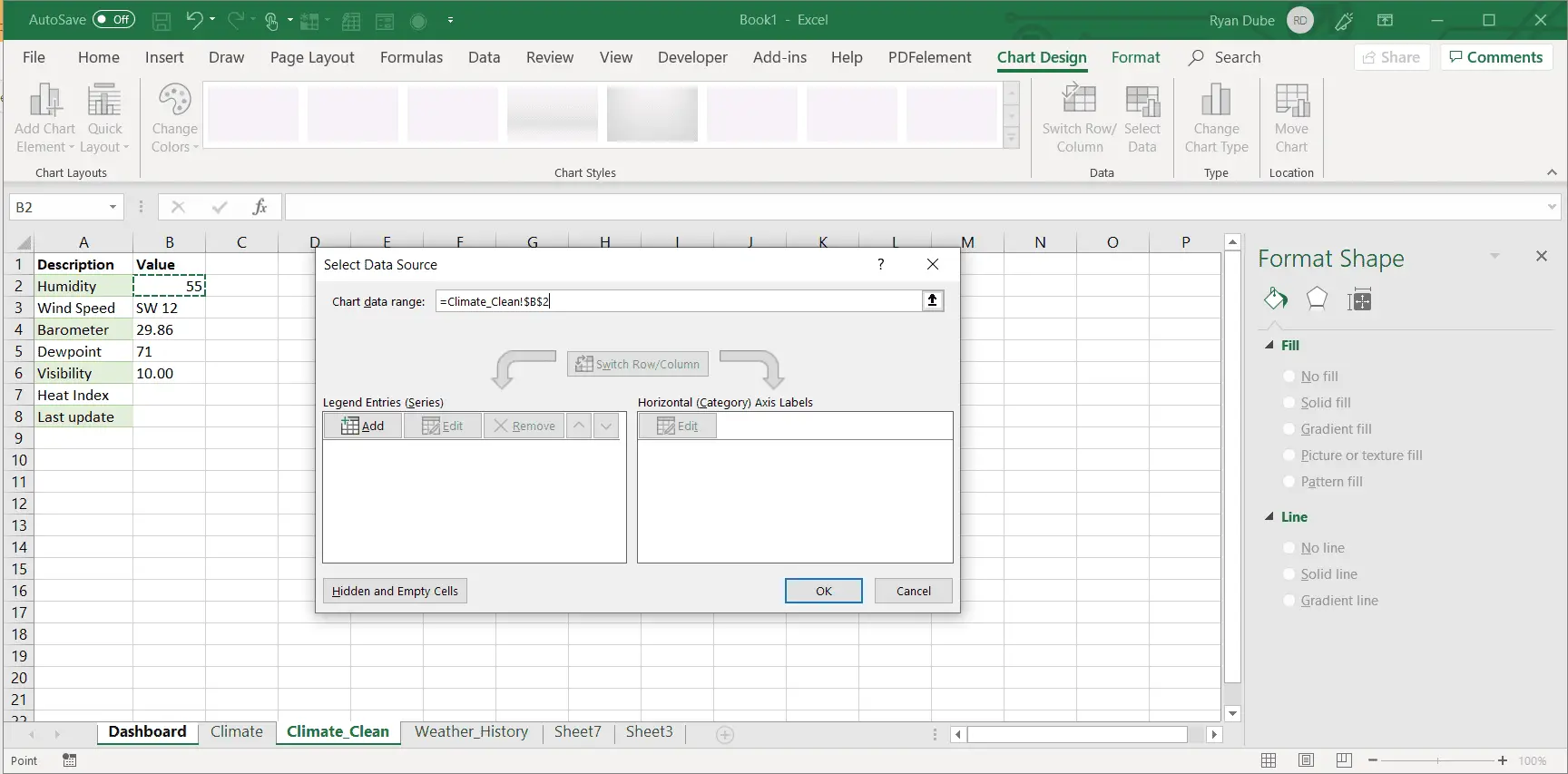 Captura de tela da seleção do intervalo de dados do gráfico no Excel