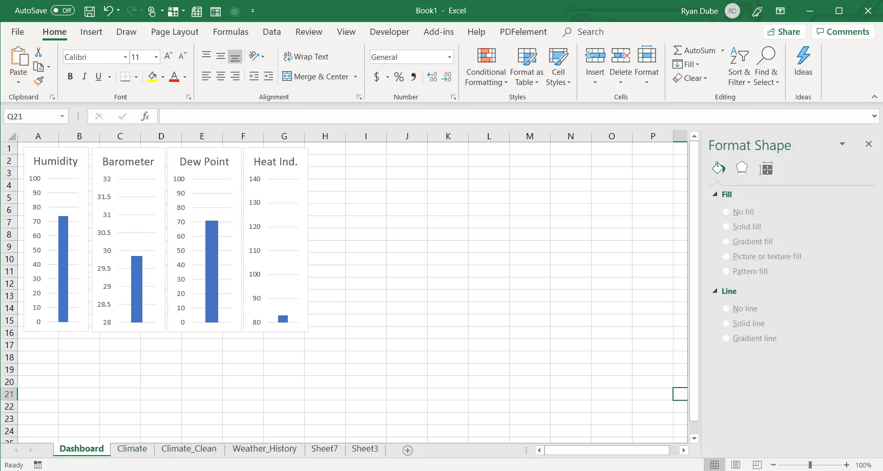 Captura de tela da adição de gráficos de barras a um painel do Excel