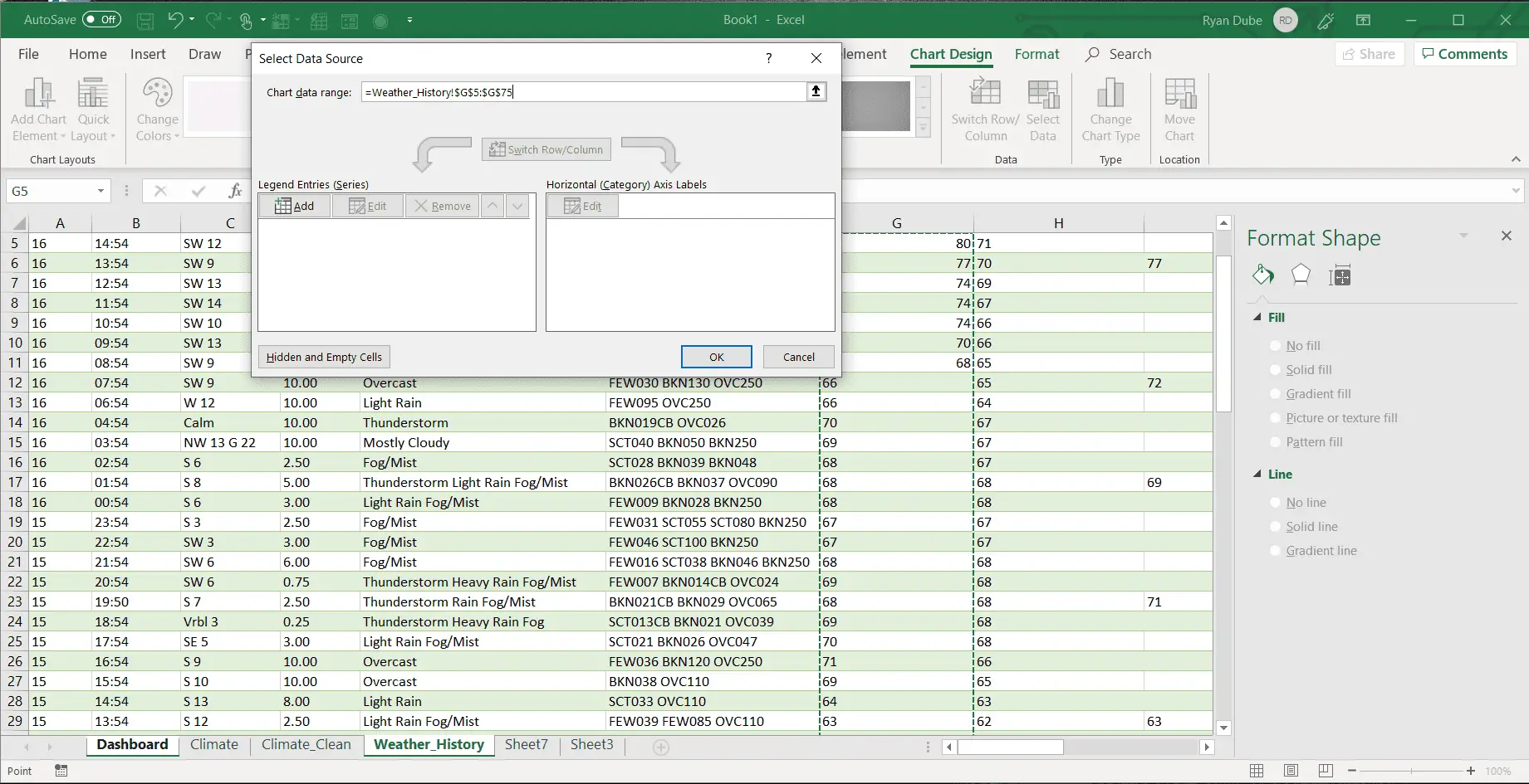 Captura de tela da seleção de um intervalo de dados no Excel