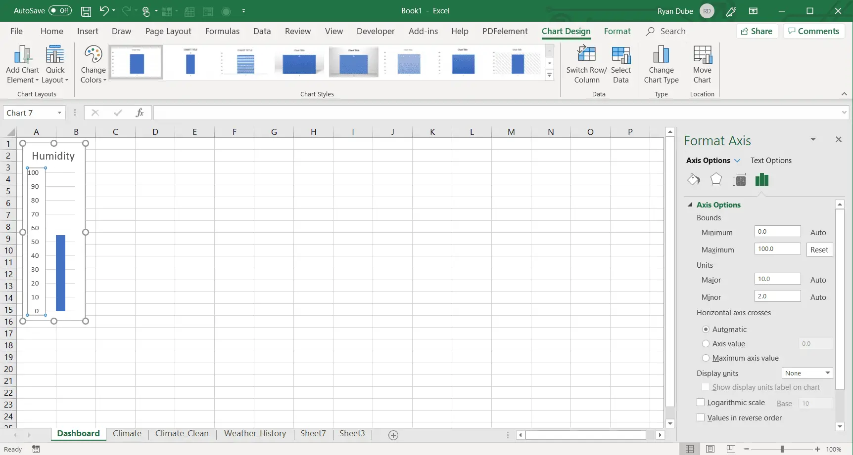 Captura de tela da criação de um gráfico de barras de ponto de dados único no Excel