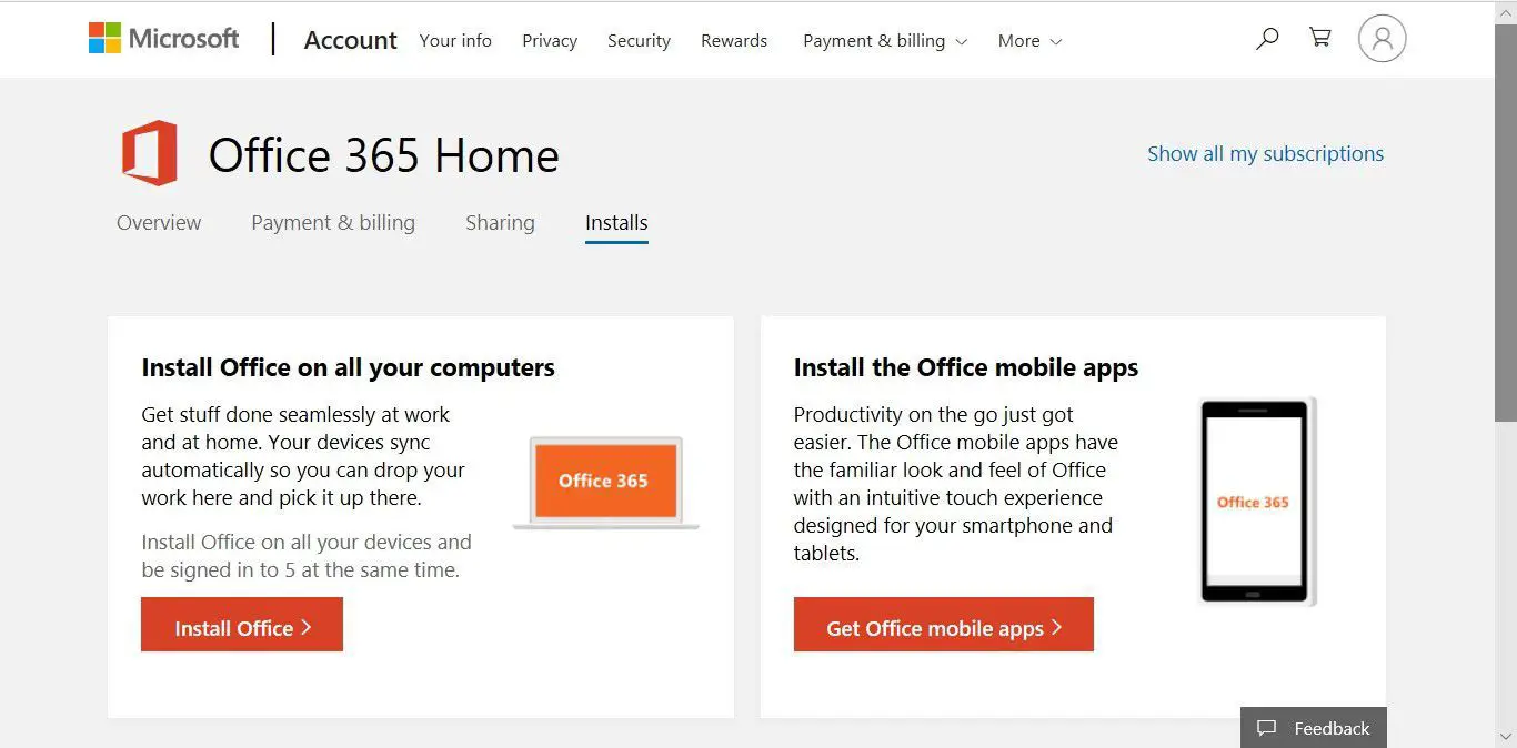 A página inicial da conta do Office 365 mostrando os links para instalar o Office 365