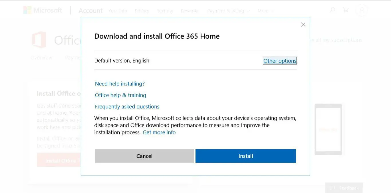 A janela pop-up Baixe e instale o Office 365 Home