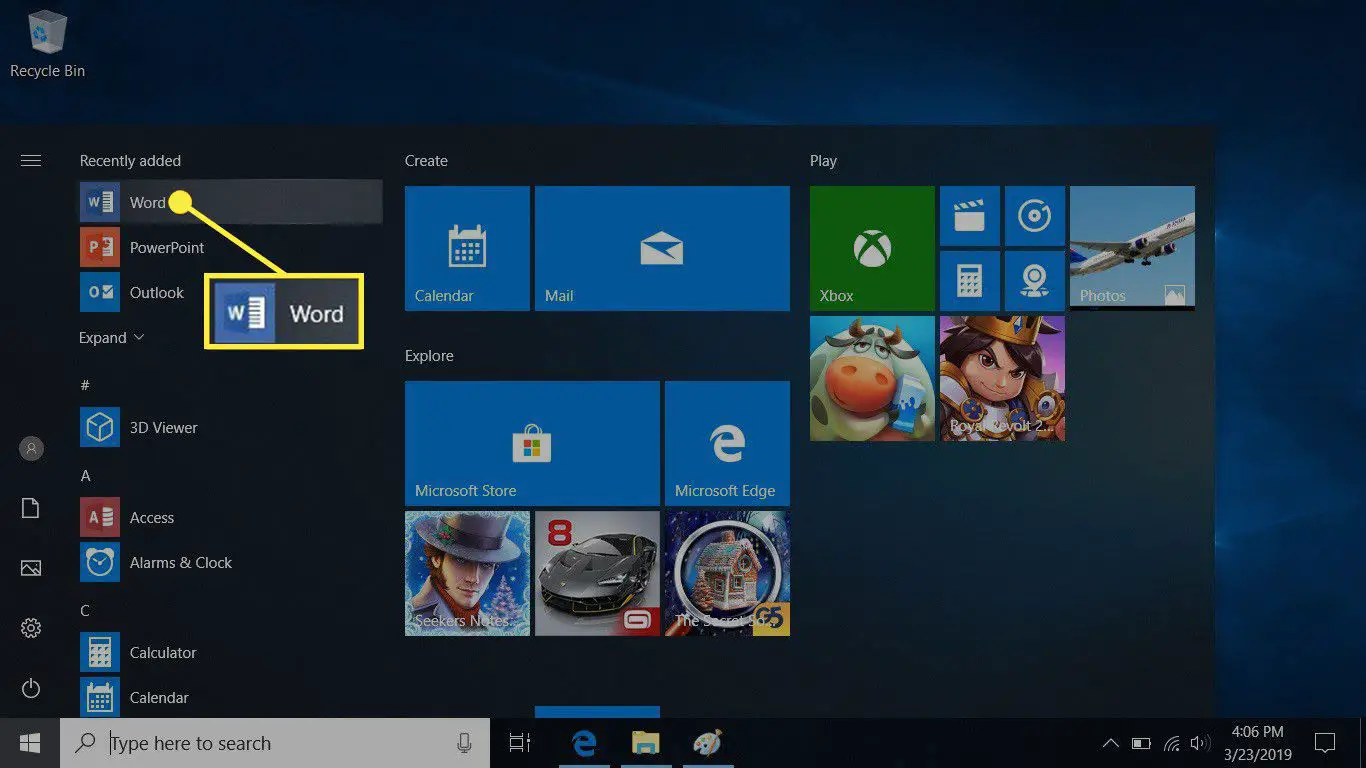 O ícone do Word no Windows 10