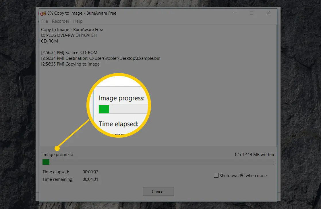 Processo de gravação de imagem no BurnAware Free para Windows 10
