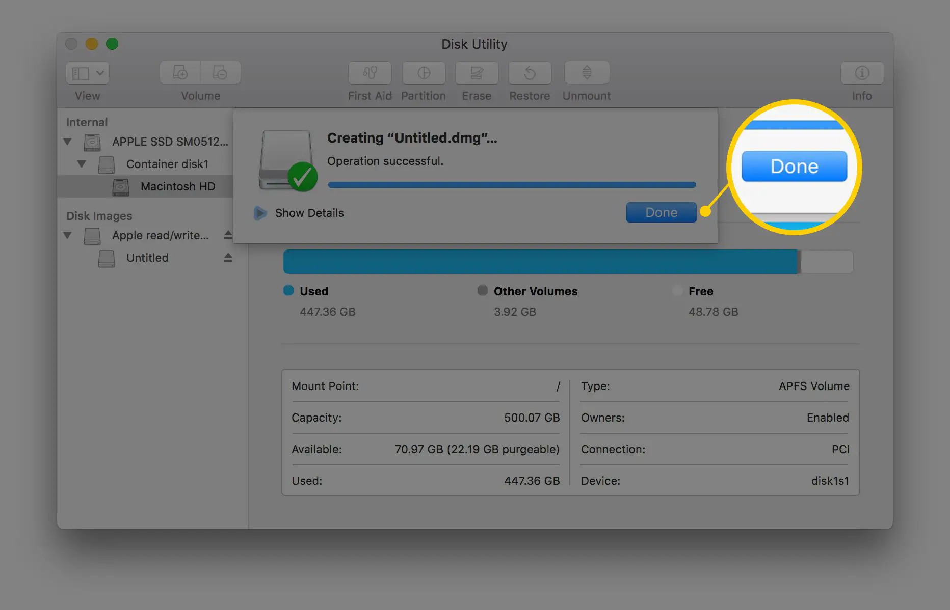 Captura de tela do botão Utilitário de disco concluído após criar um arquivo .dmg