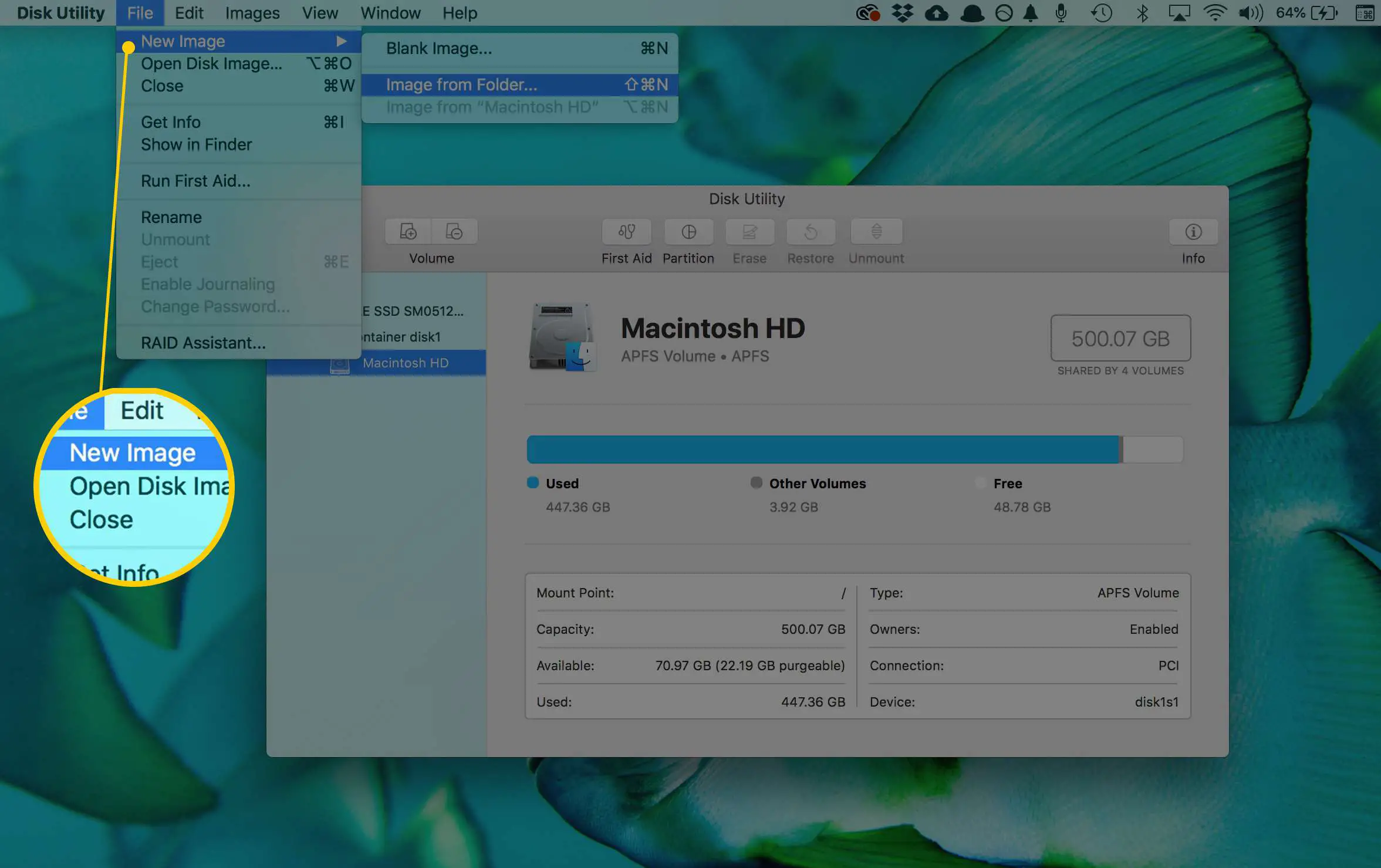 Captura de tela do item de menu Nova imagem no aplicativo Utilitário de disco no macOS
