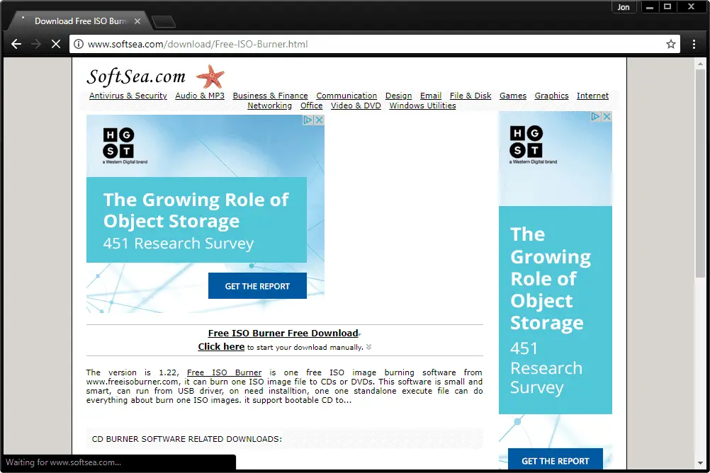 Captura de tela mostrando a página de download do SoftSea.com para o gravador de ISO grátis