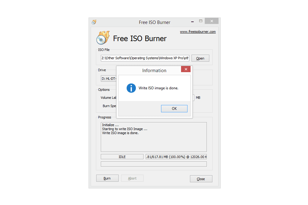 Captura de tela mostrando uma gravação de disco bem-sucedida no Free ISO Burner