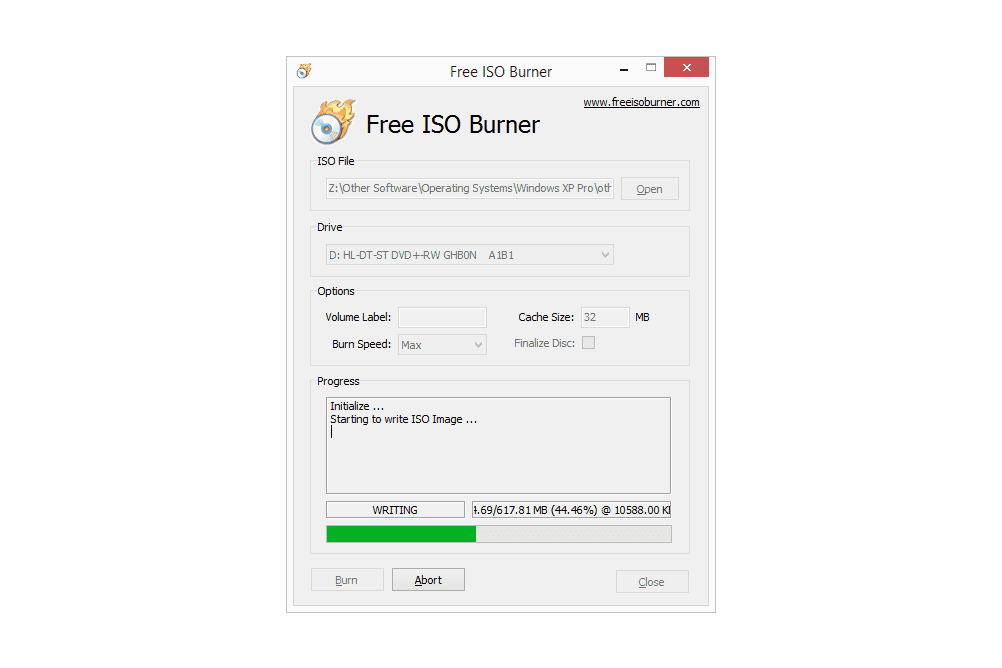 Captura de tela do Free ISO Burner criando um novo disco