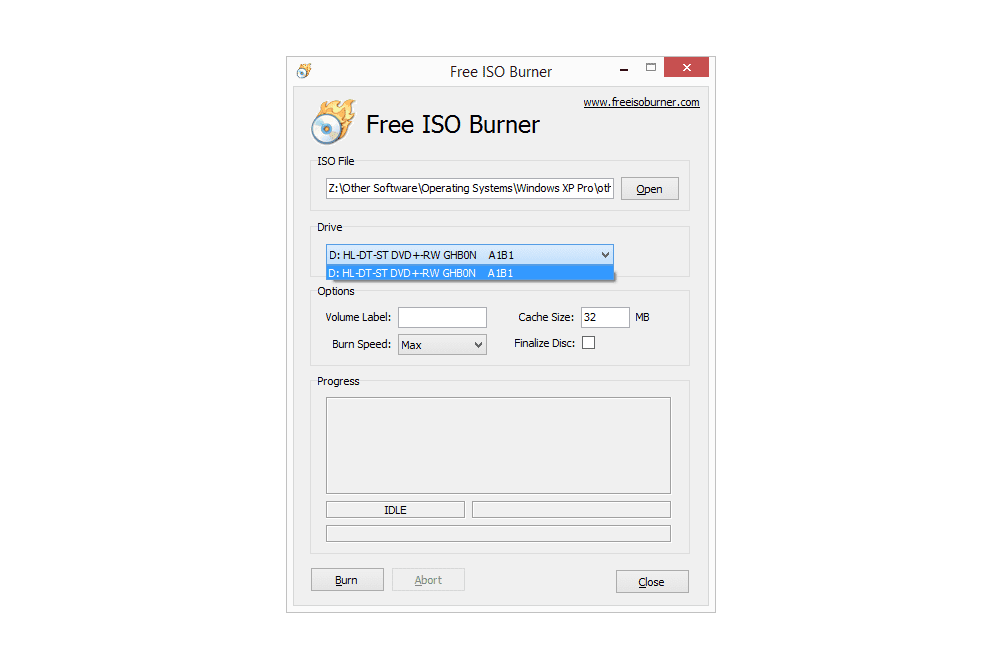Captura de tela mostrando uma unidade de disco no Free ISO Burner