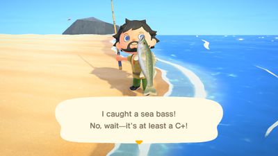 Personagem de Animal Crossing segurando um peixe