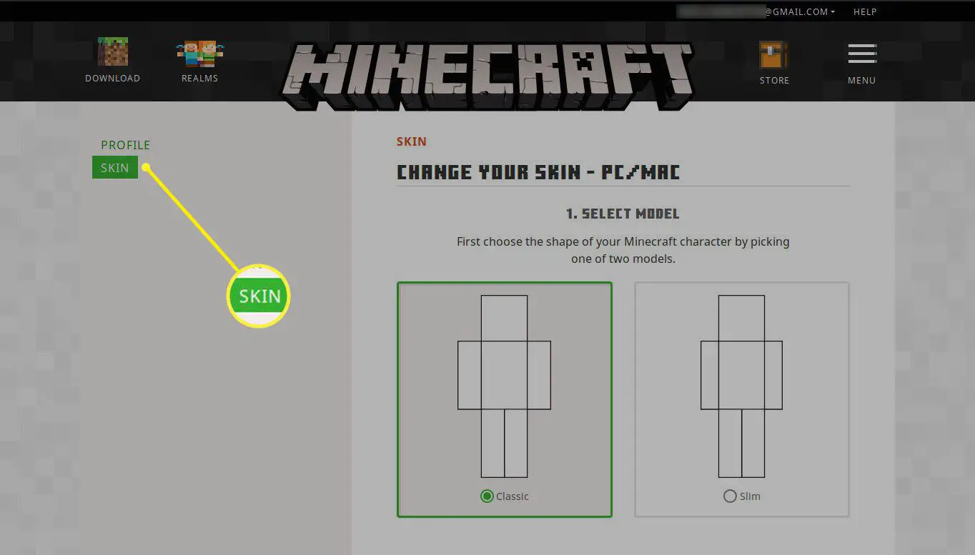 Selecione seu modelo de personagem do Minecraft