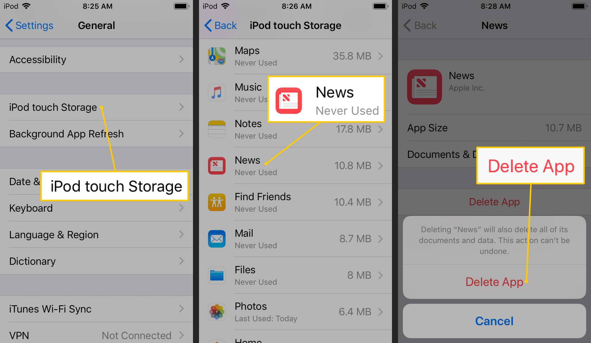 Botão de armazenamento, notícias, excluir aplicativo do iPod touch no iOS