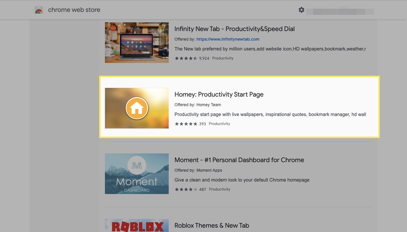 Loja on-line do Chrome com a página inicial de produtividade doméstica em destaque