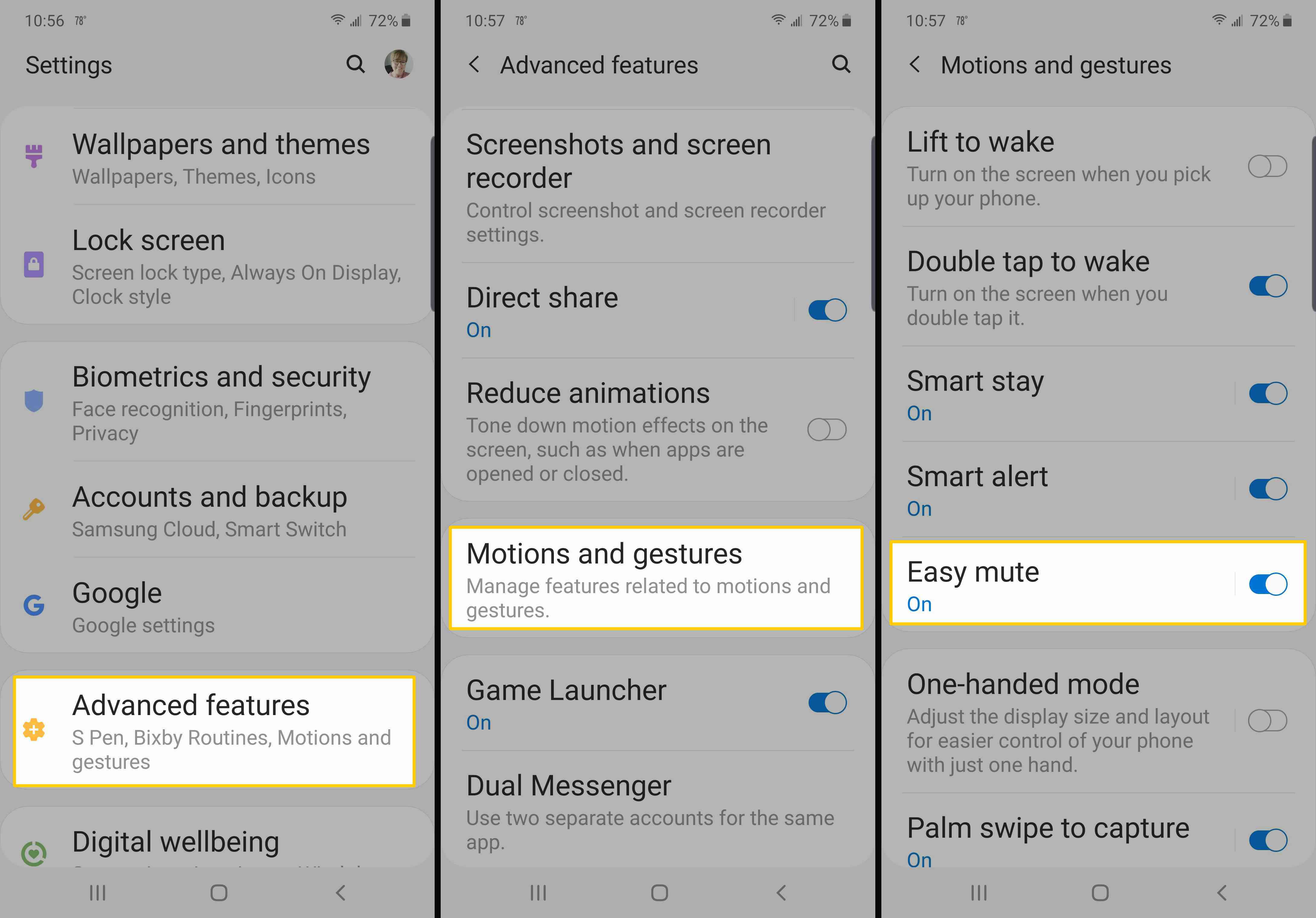 Capturas de tela mostrando como ativar o Easy Mute em um telefone Samsung.
