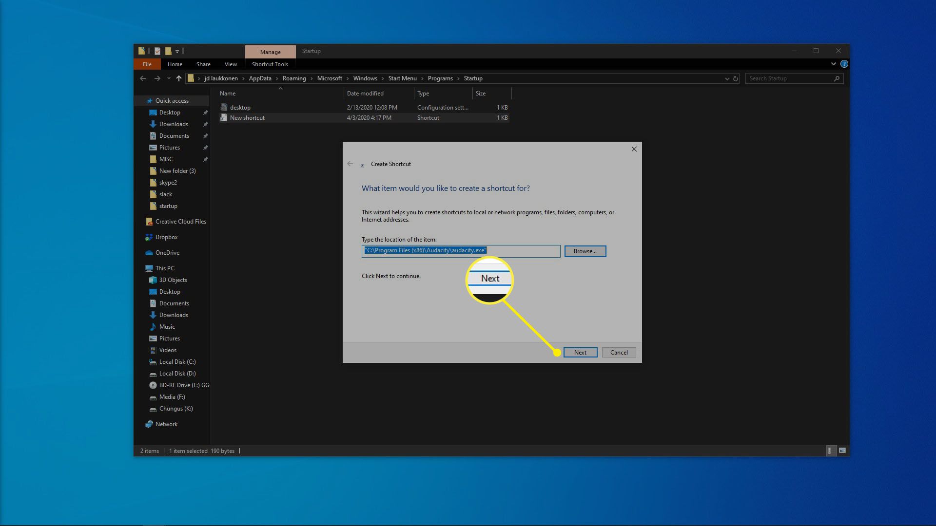 Uma captura de tela da adição do Audacity à pasta de inicialização do Windows 10.