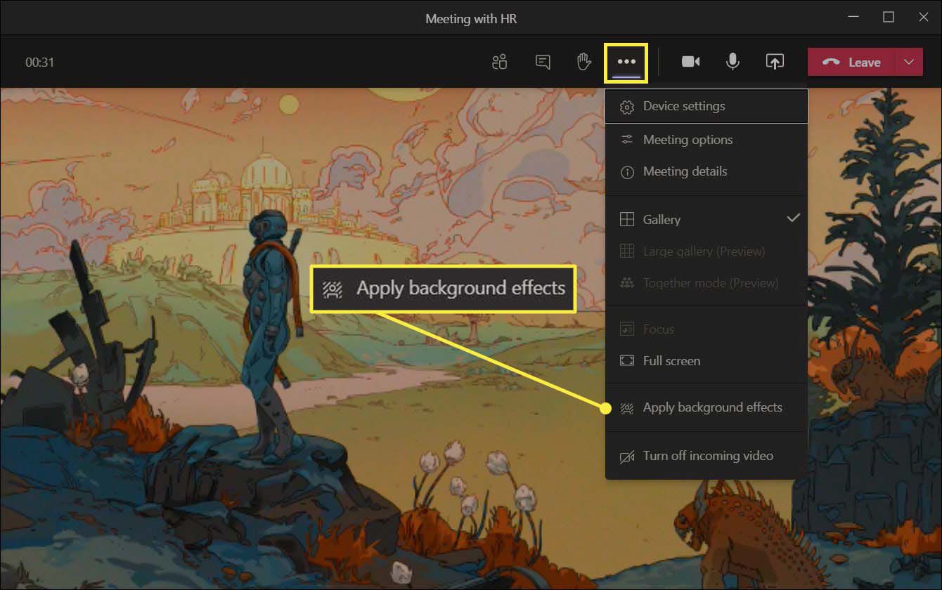 O item de menu Aplicar efeitos de fundo no Microsoft Teams.
