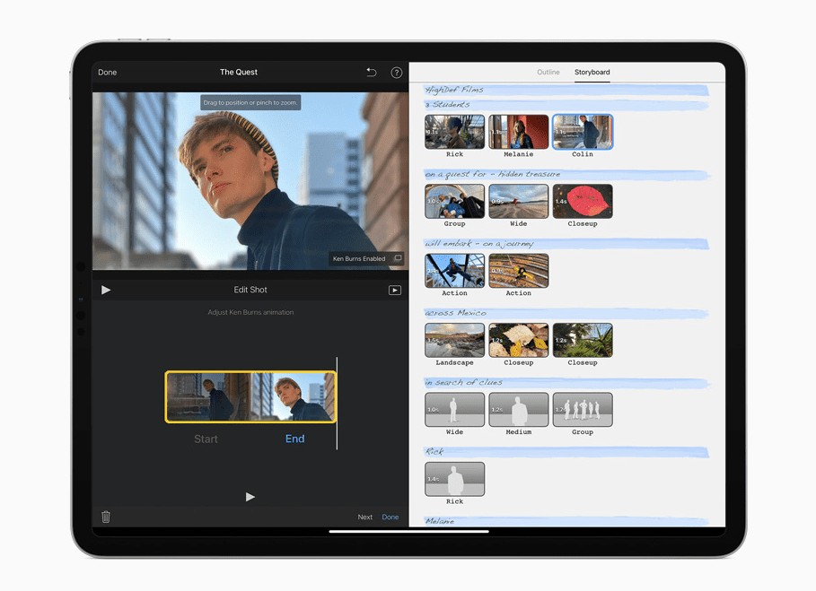 Contornos e storyboards no iMovie no iPad