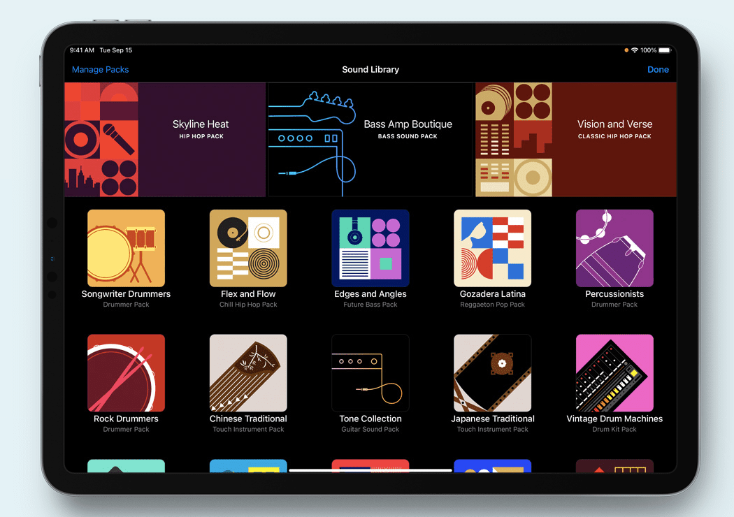 A biblioteca de som GarageBand em um iPad