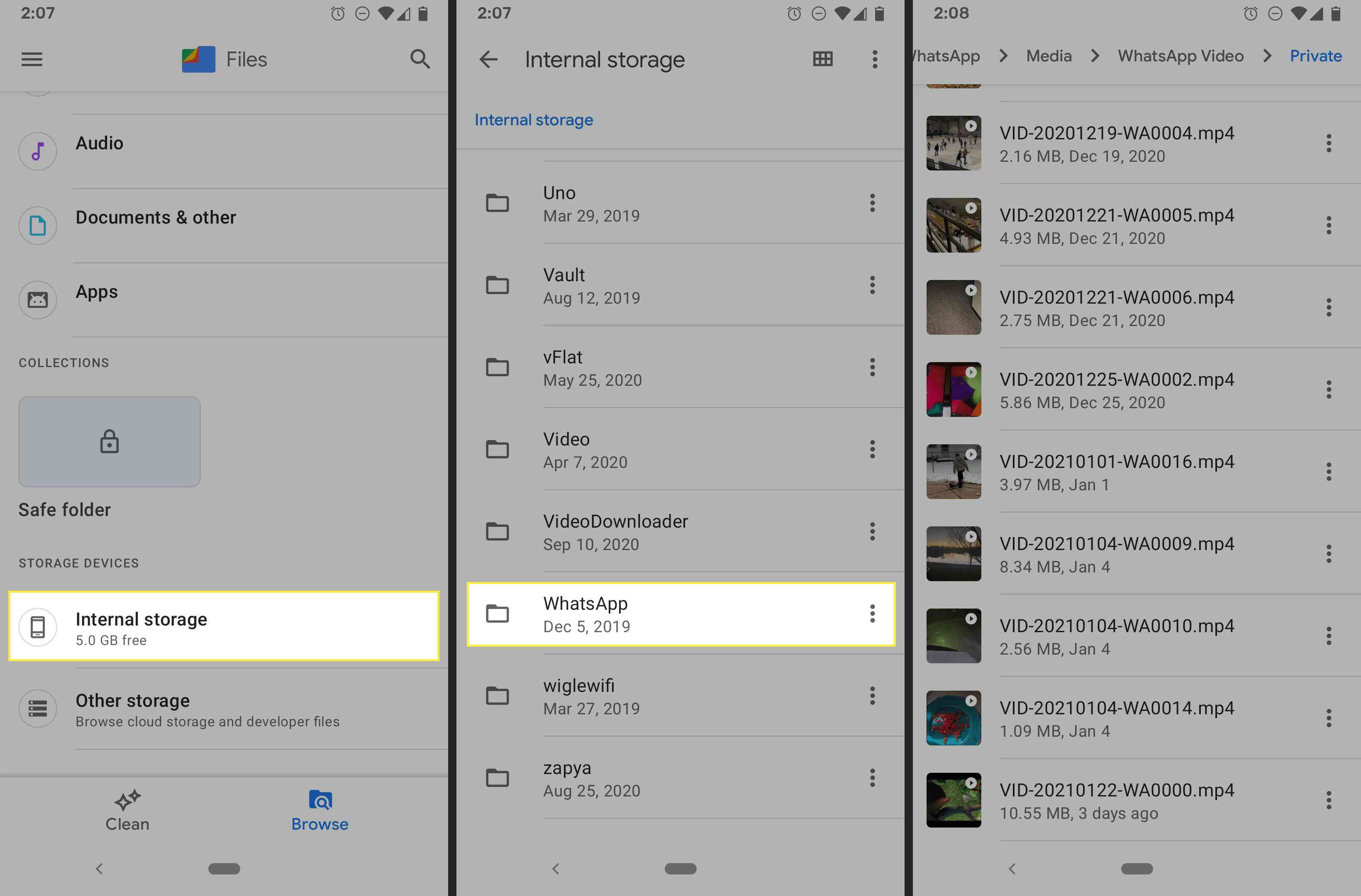 Aplicativo Google Files para Android mostrando downloads de vídeos do WhatsApp.