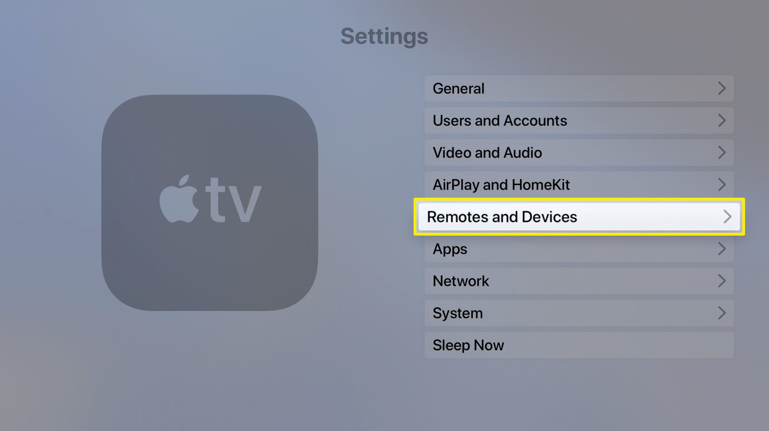 A opção Remotos e dispositivos nas configurações da Apple TV.