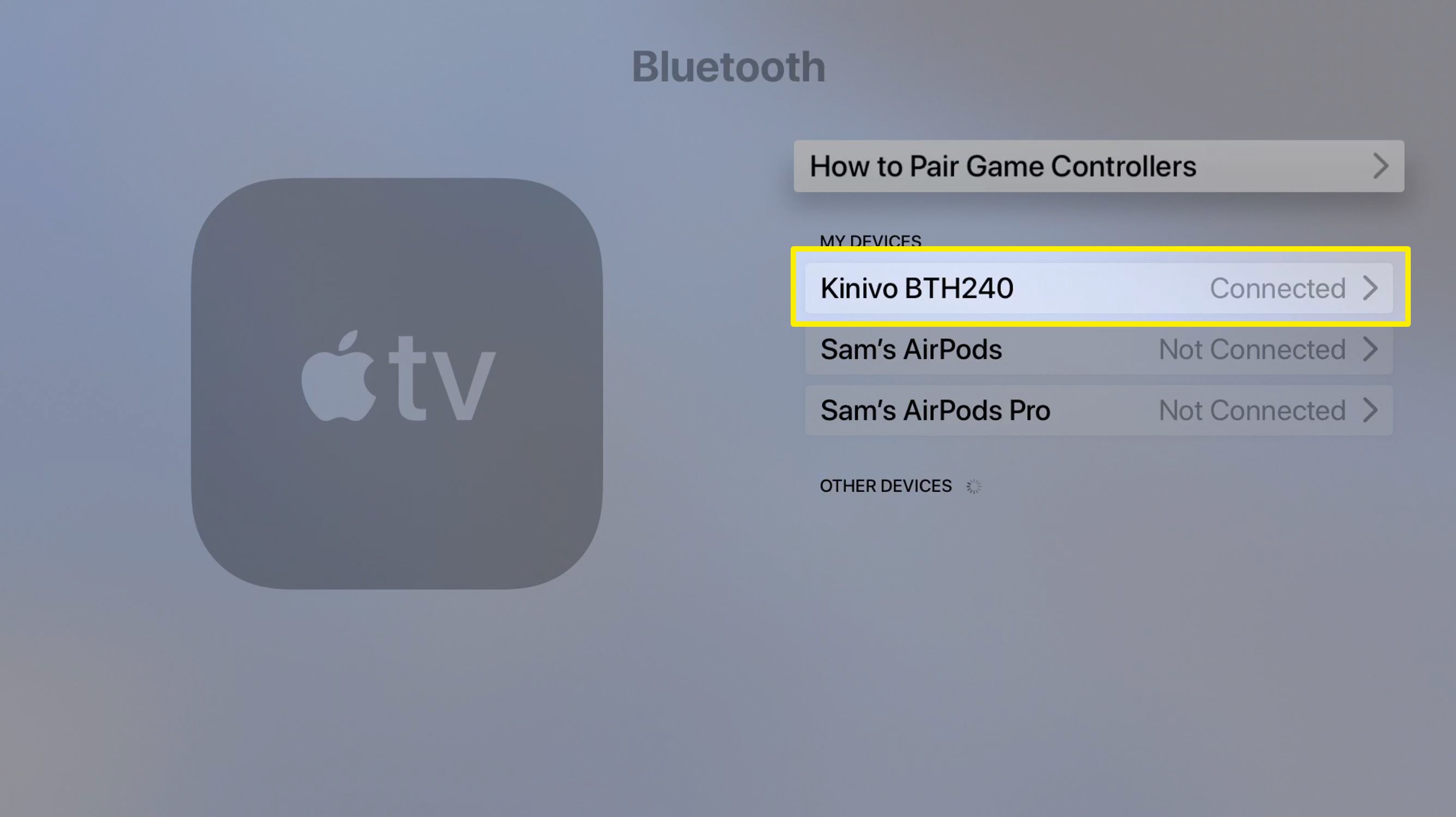 Captura de tela da tela de dispositivos Bluetooth da Apple TV