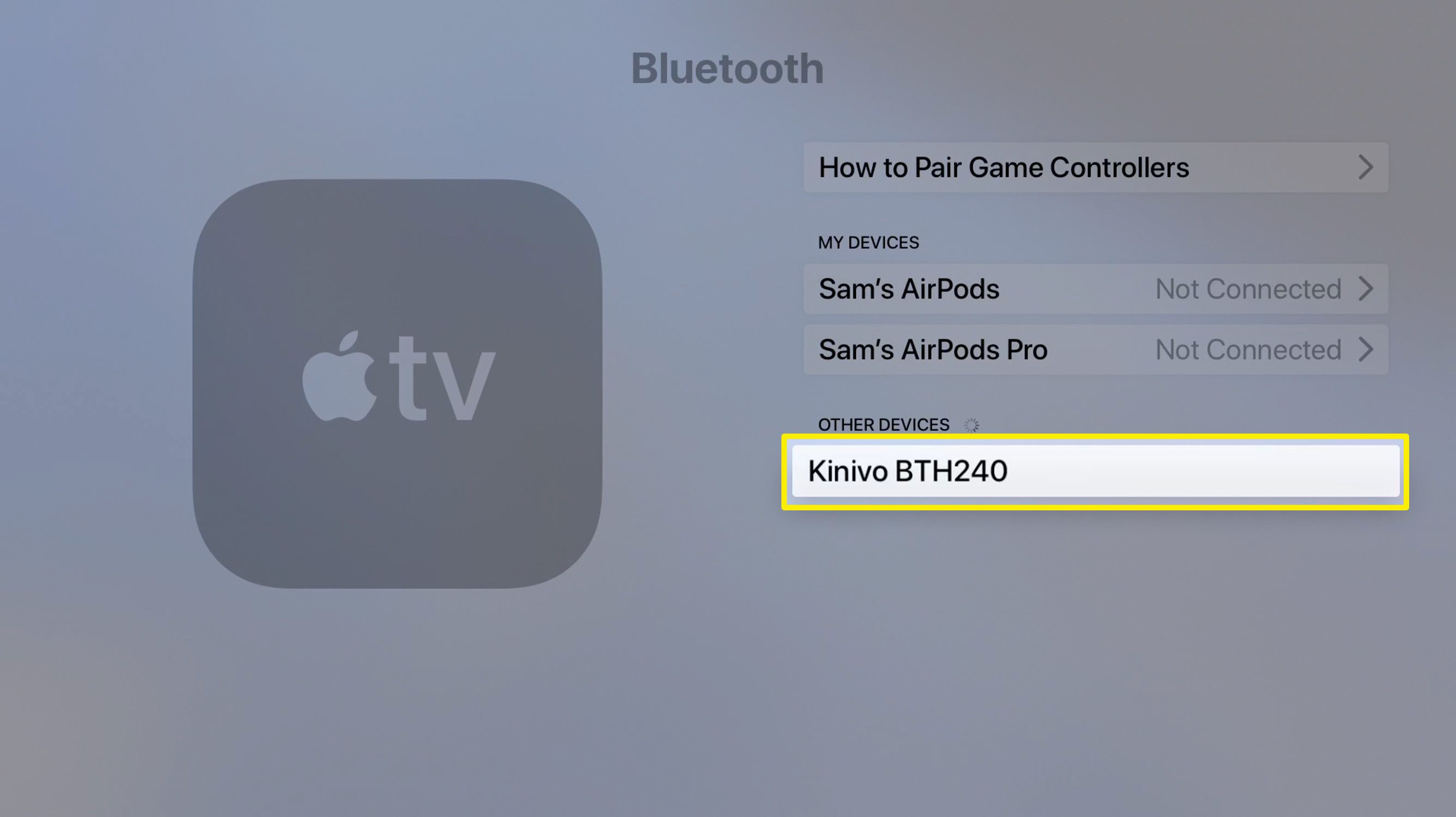 Captura de tela da tela de dispositivos Bluetooth da Apple TV
