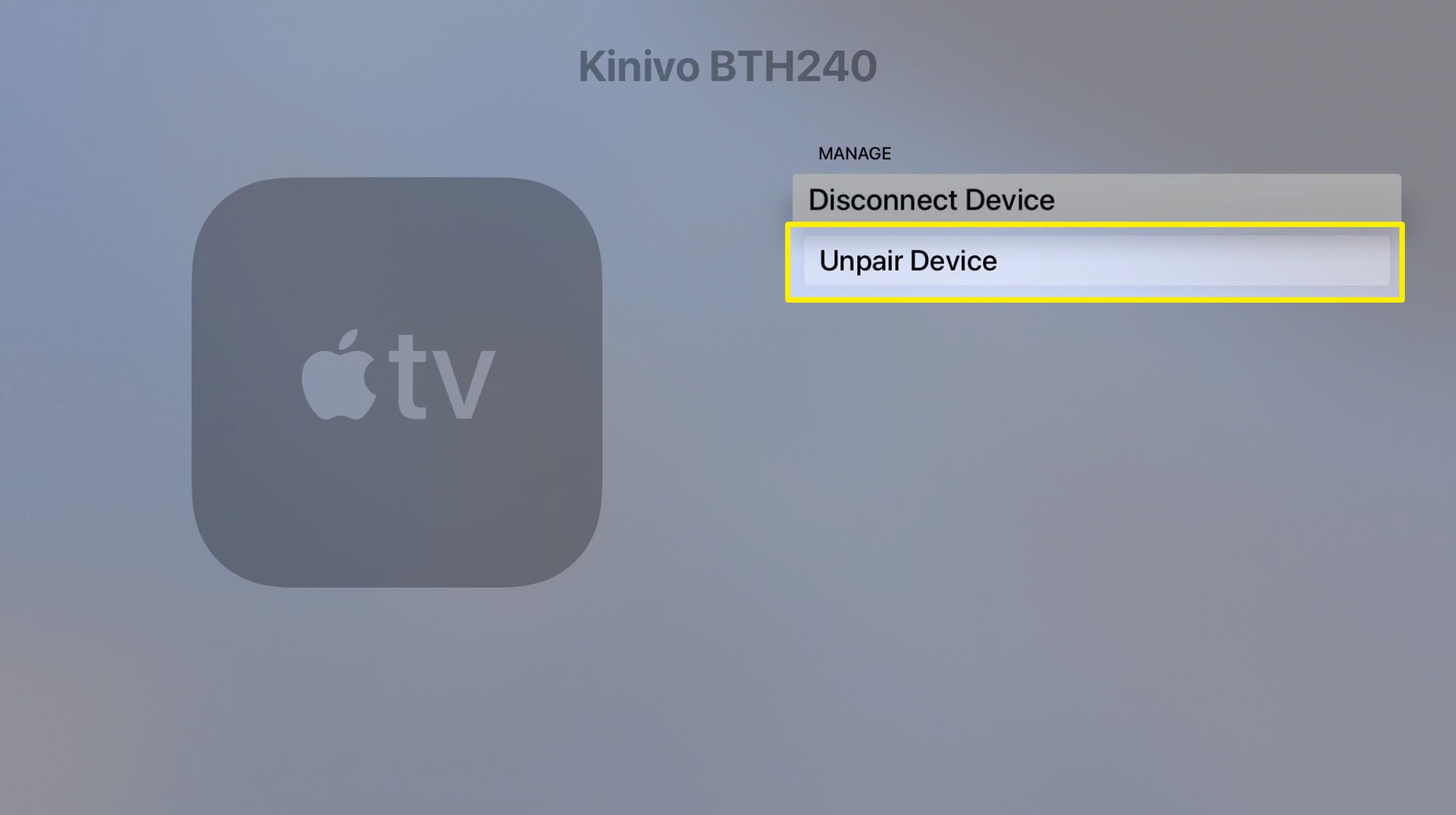 Captura de tela da tela de dispositivos Bluetooth desconectados da Apple TV