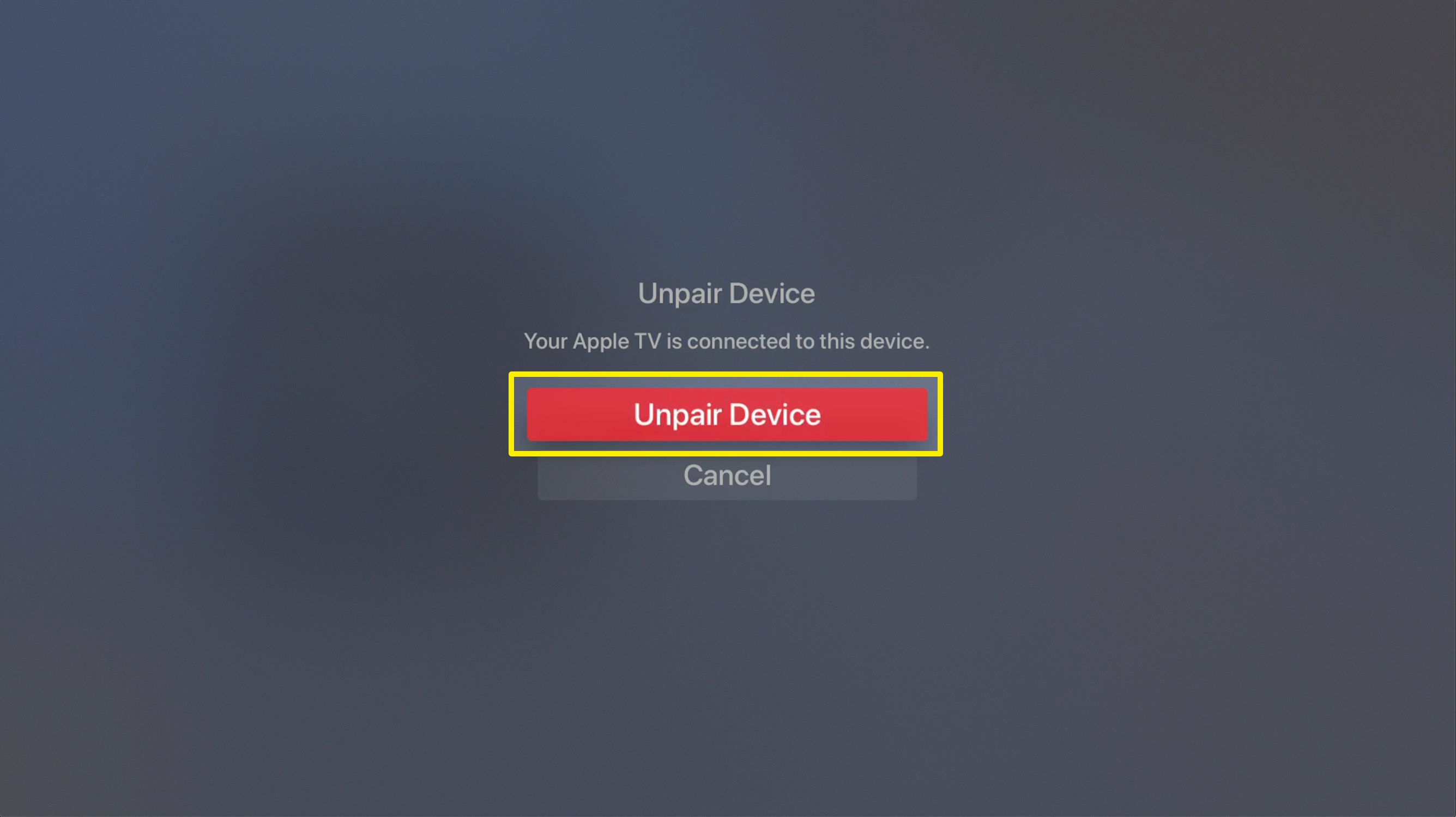 Captura de tela da confirmação de dispositivos Bluetooth desconectados da Apple TV