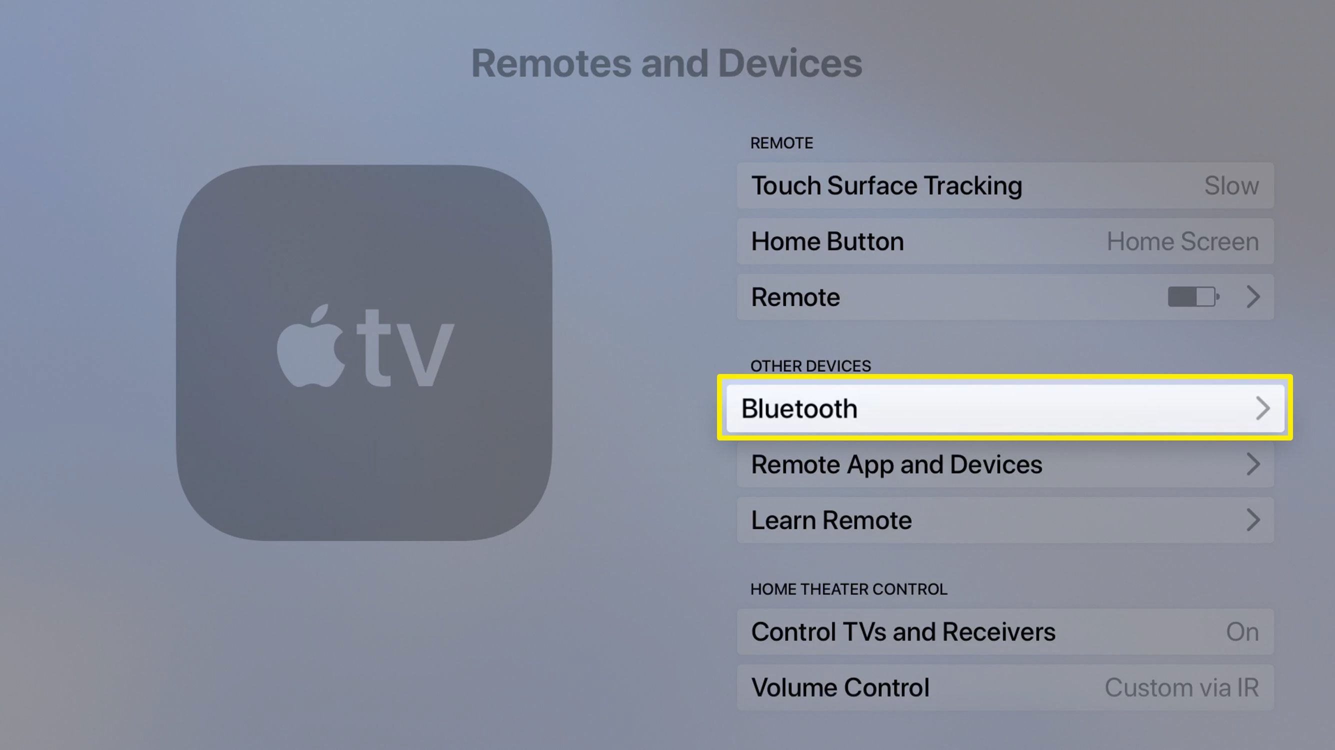Captura de tela da tela de dispositivos e controles remotos da Apple TV