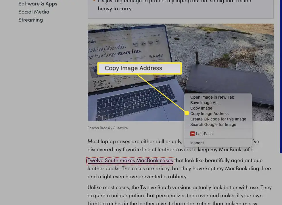 Imagem da página da web do Mac com "Copiar endereço da imagem" destacado