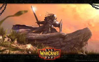 Guerreiro de fantasia com armadura em uma rocha de Warcraft III: Reign of Chaos