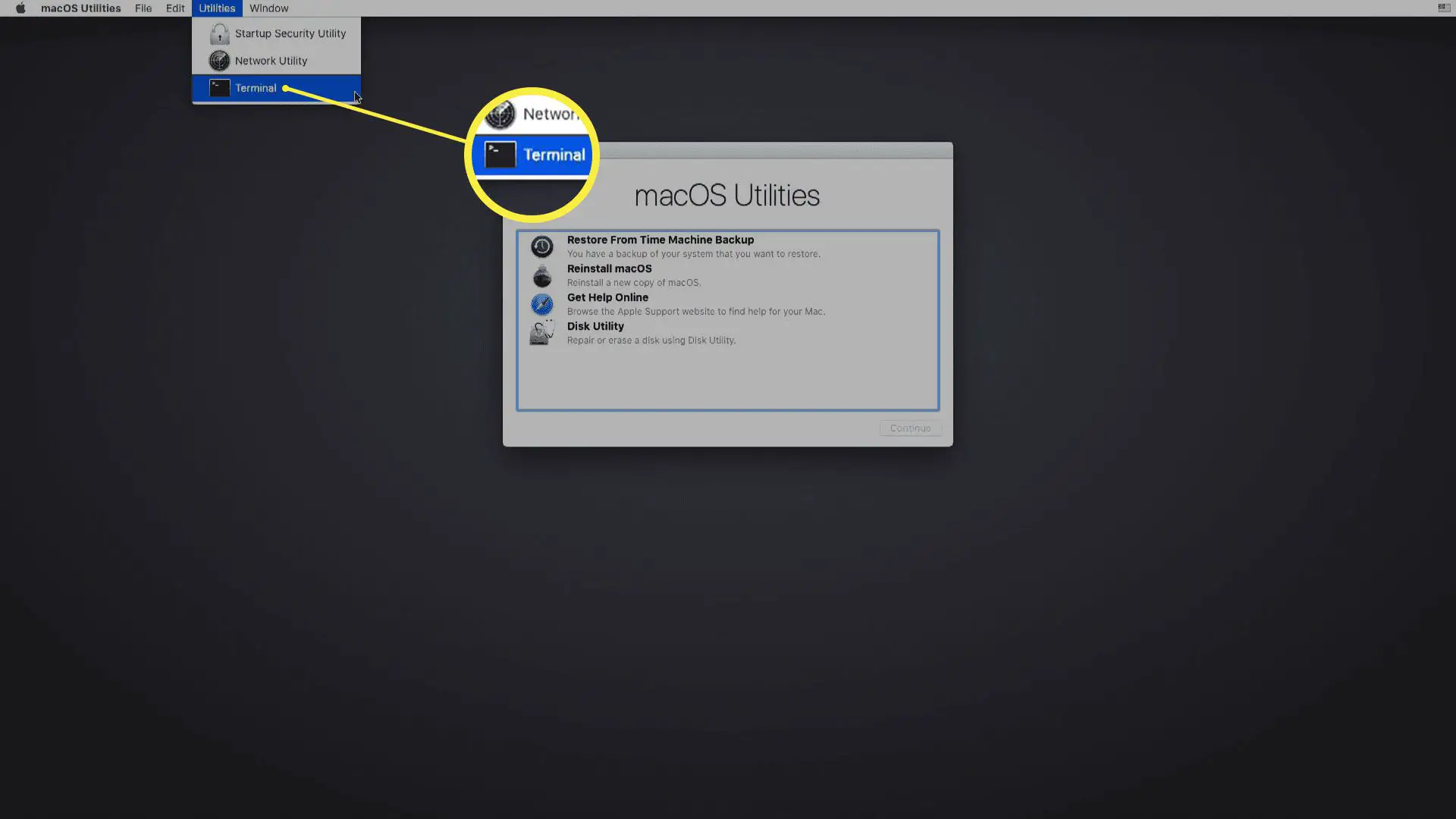 Uma captura de tela da seleção do terminal nos utilitários do macOS.