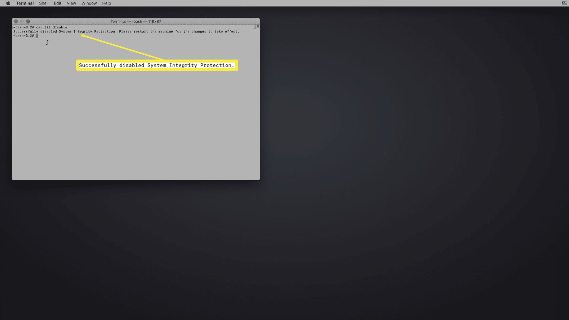 Uma captura de tela da desativação do SIP na recuperação do macOS.