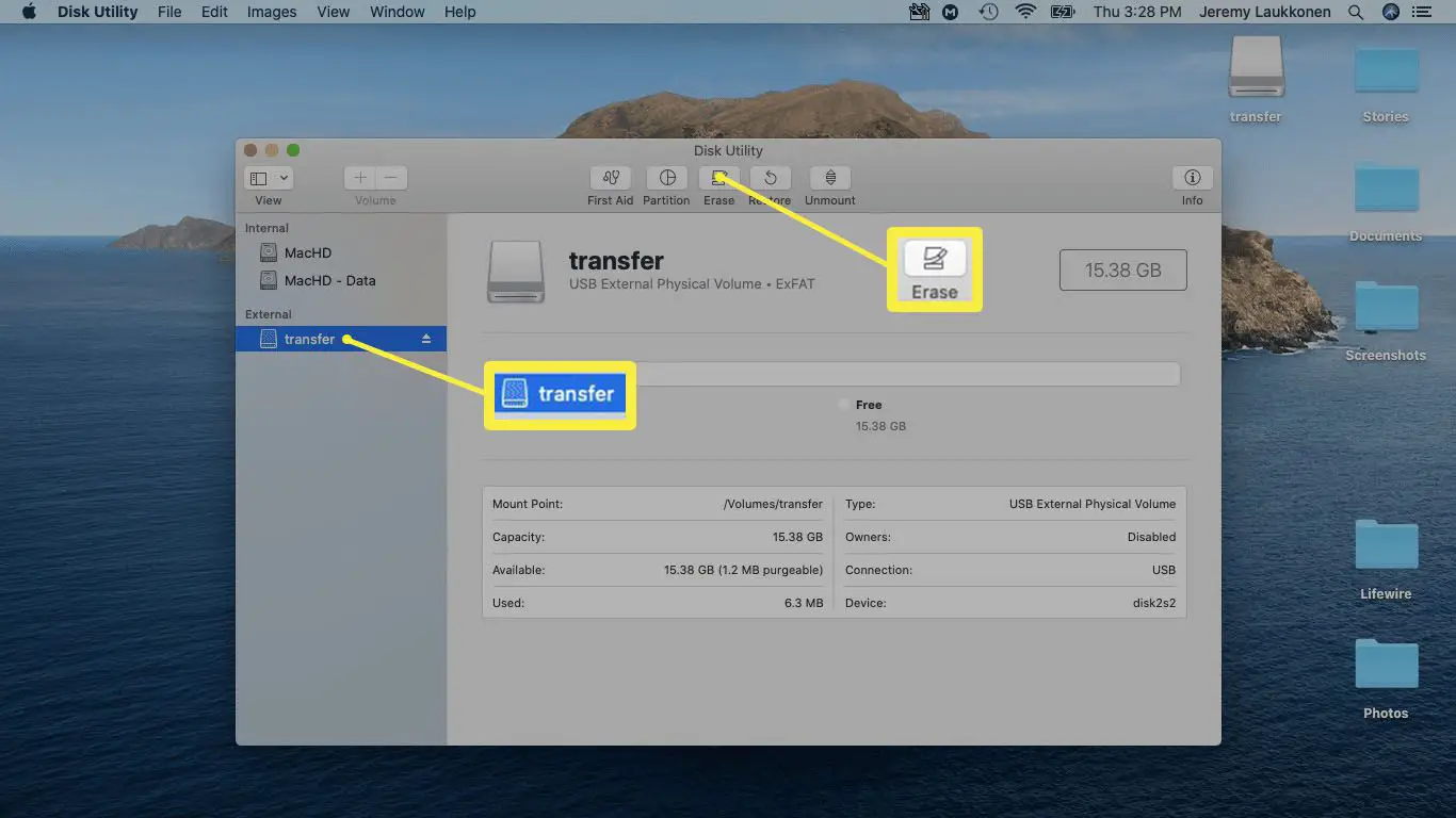 Uma captura de tela do Utilitário de disco no macOS.