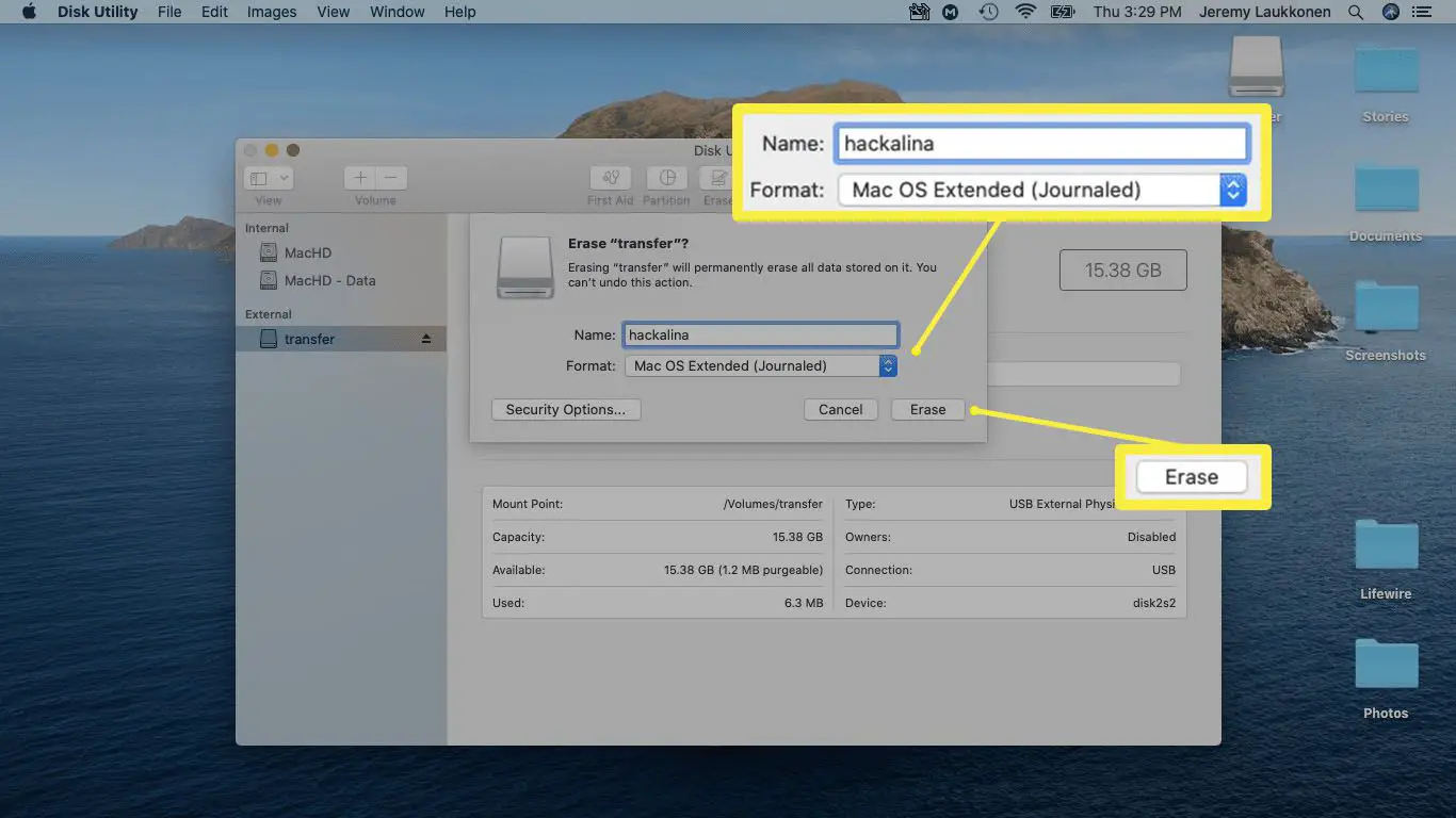 Uma captura de tela de apagar uma unidade USB no macOS.