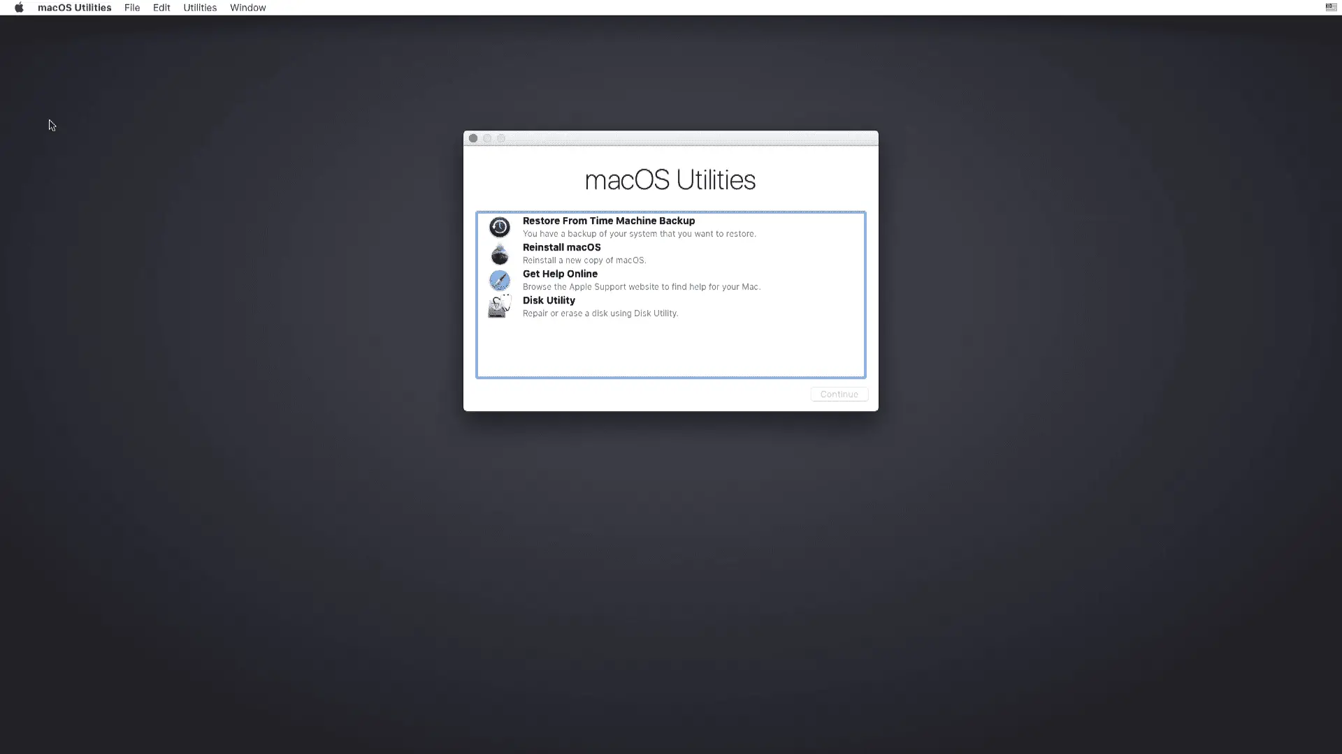 Utilitários do macOS na recuperação do macOS.