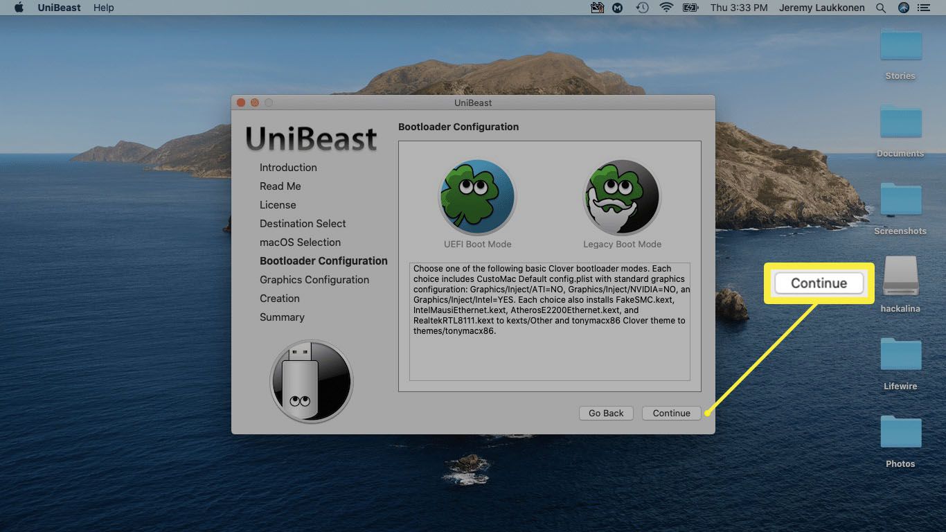 Uma captura de tela da configuração do bootloader no UniBeast.