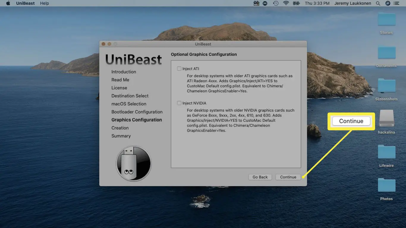 Uma captura de tela das opções de gráficos do UniBeast.