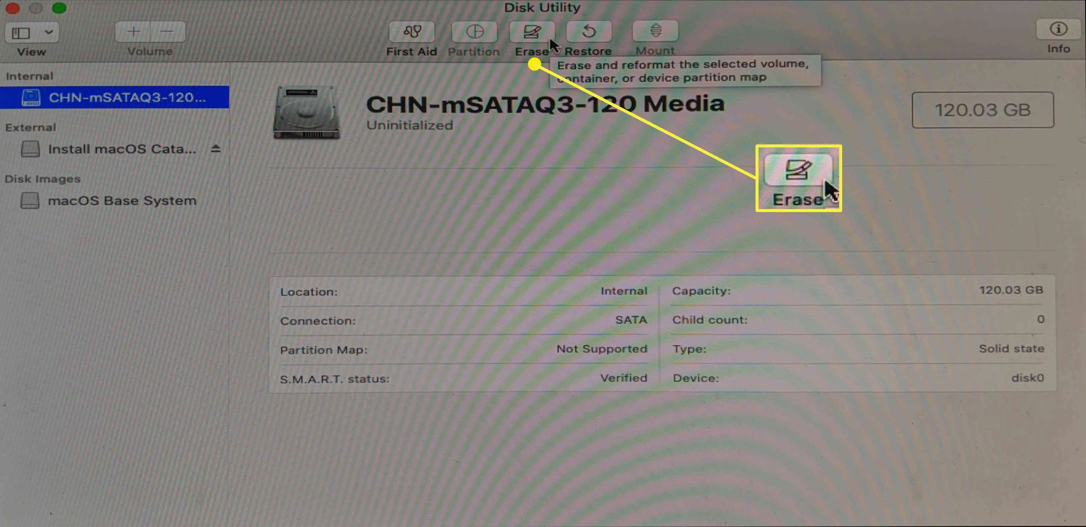 Uma captura de tela do utilitário de disco de instalação do macOS.