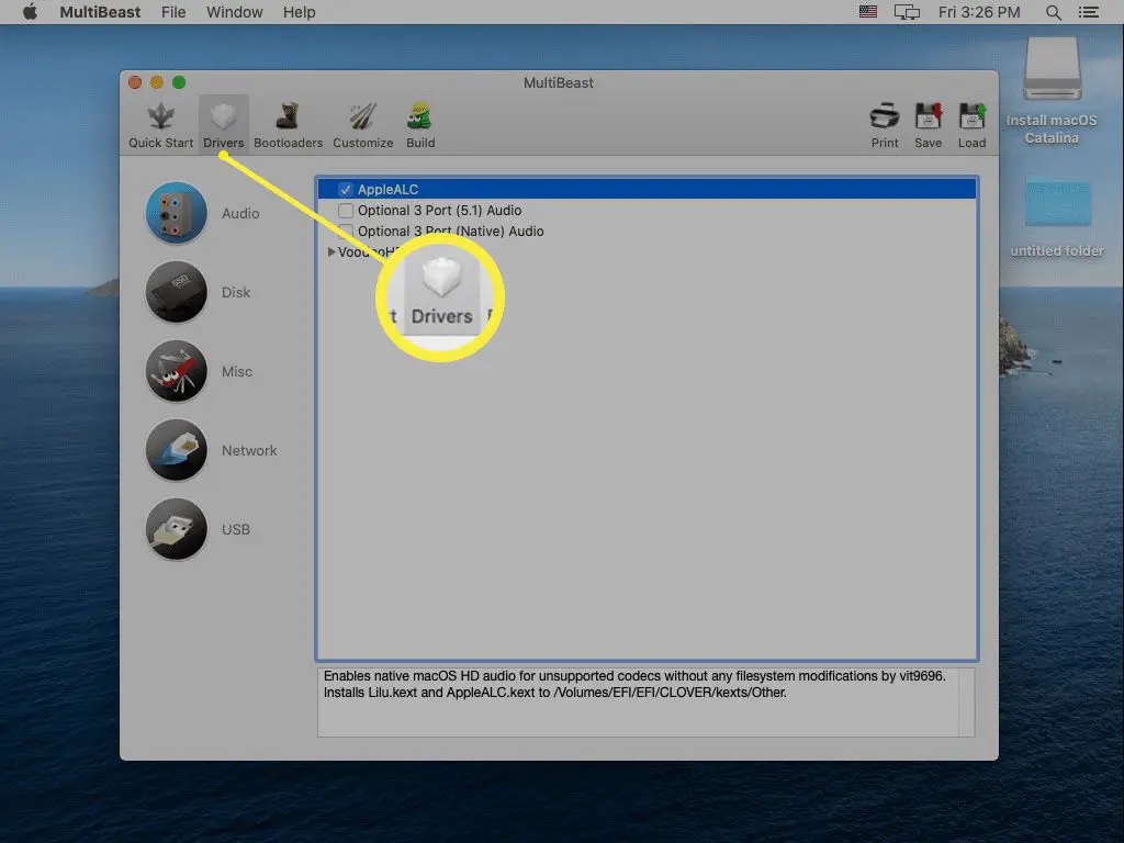 Uma captura de tela da guia Drivers no MultiBeast.