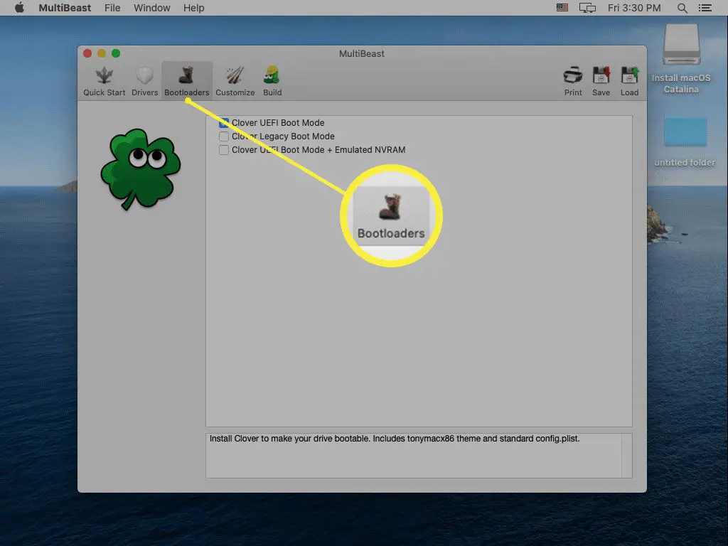 Uma captura de tela das opções do bootloader no MultiBeast.
