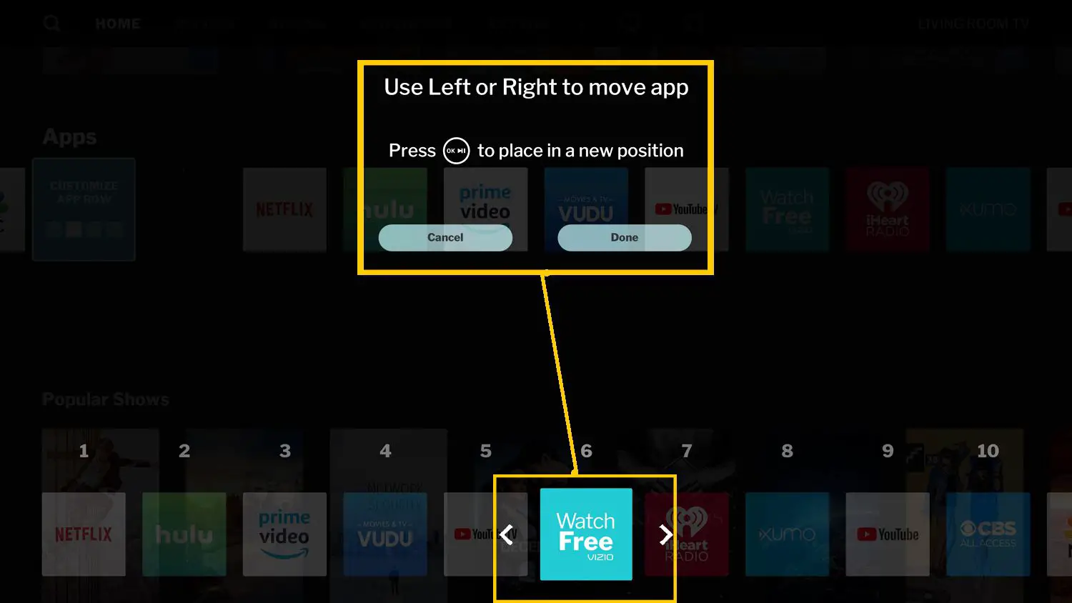 Vizio SmartCast TV - Personalizar App Row - Movendo exemplo de aplicativo