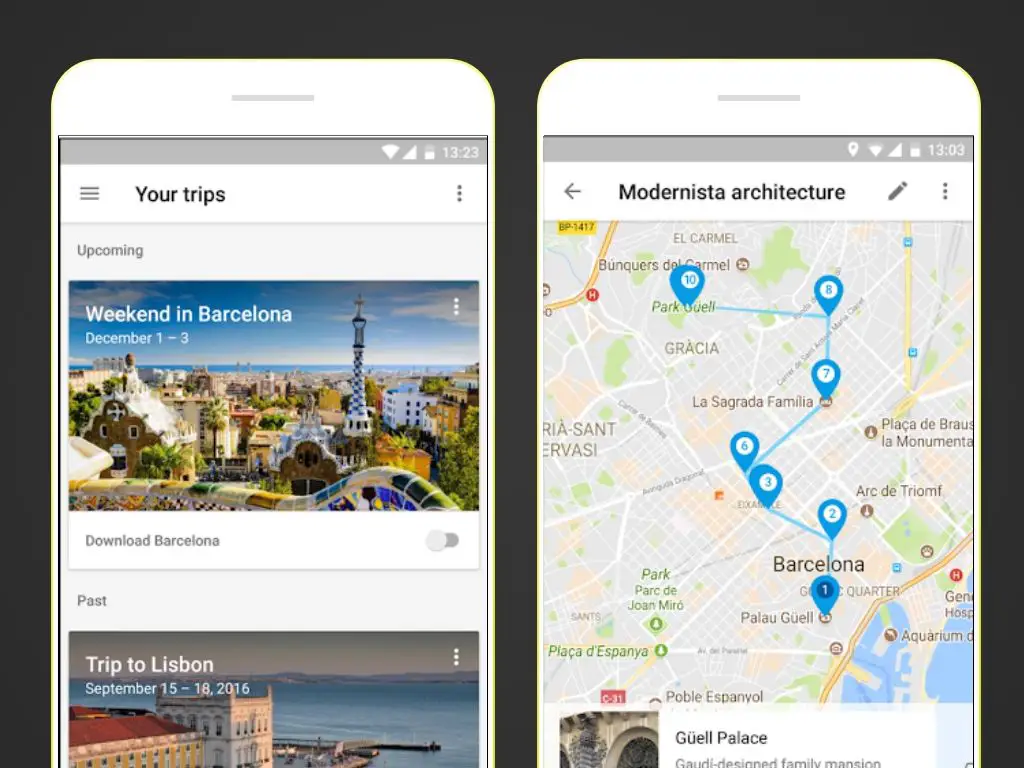 Duas capturas de tela do aplicativo Google Trips para Android.