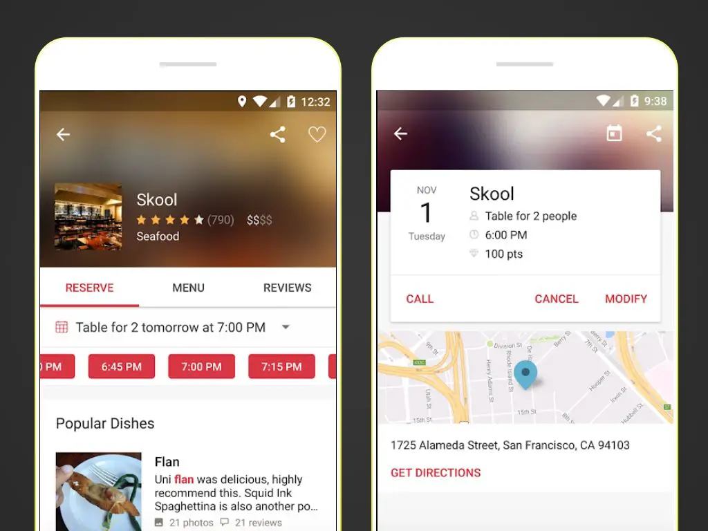 Duas capturas de tela do aplicativo OpenTable para Android.