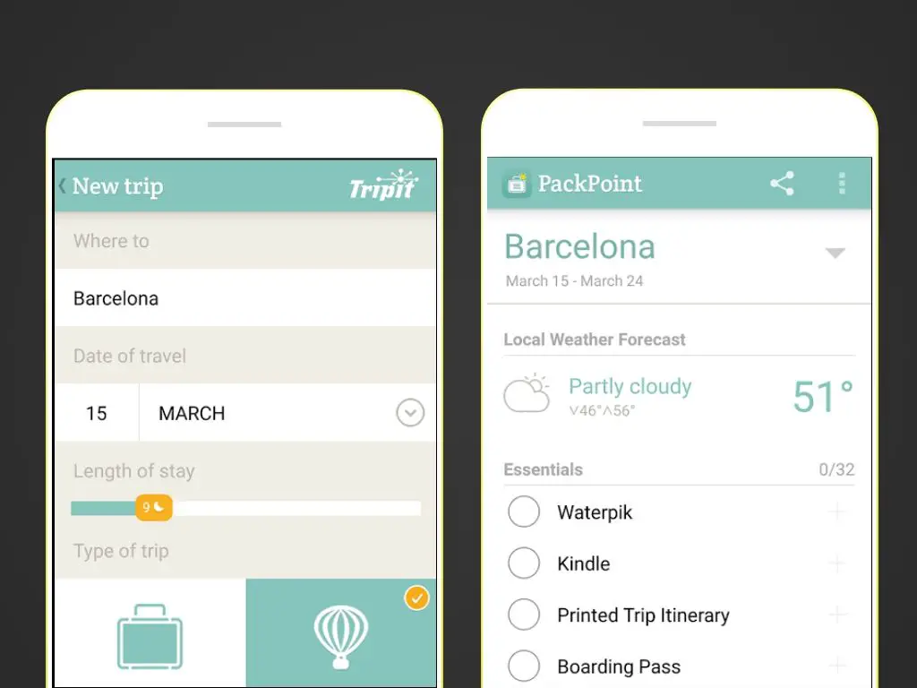 Duas capturas de tela do aplicativo PackPoint para Android.